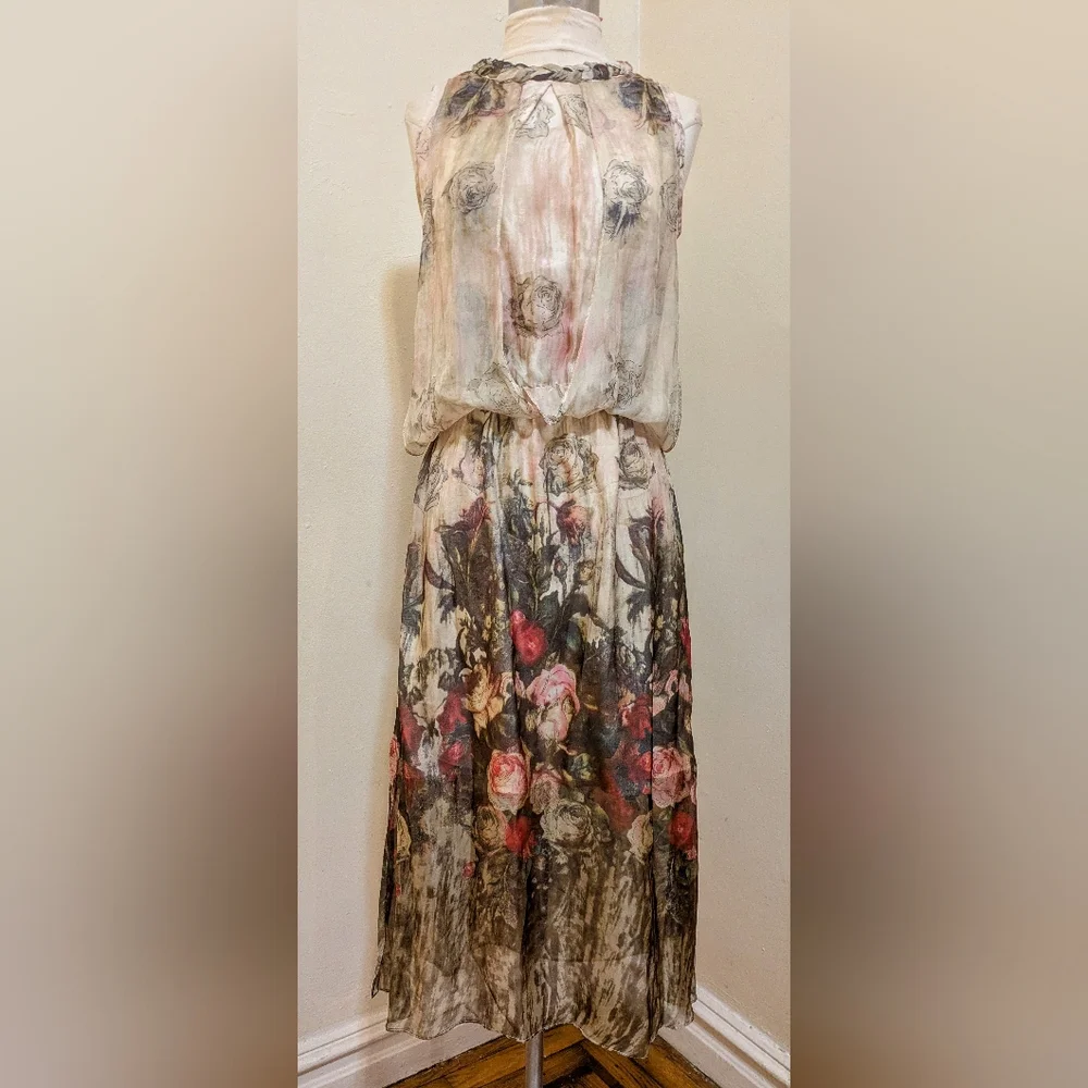 Queen Mulock Floral Silk Midi Rose Print Dress - Size S - Picture 1 of 14